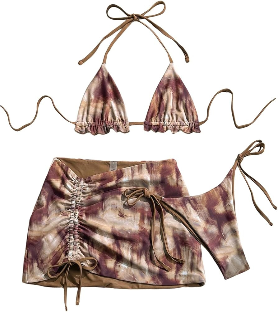 GORGLITTER Women's 3 Piece Tie Dye Swimsuits Halter Tie Triangle Micro Bikini Set with Coverup Sk... | Amazon (UK)