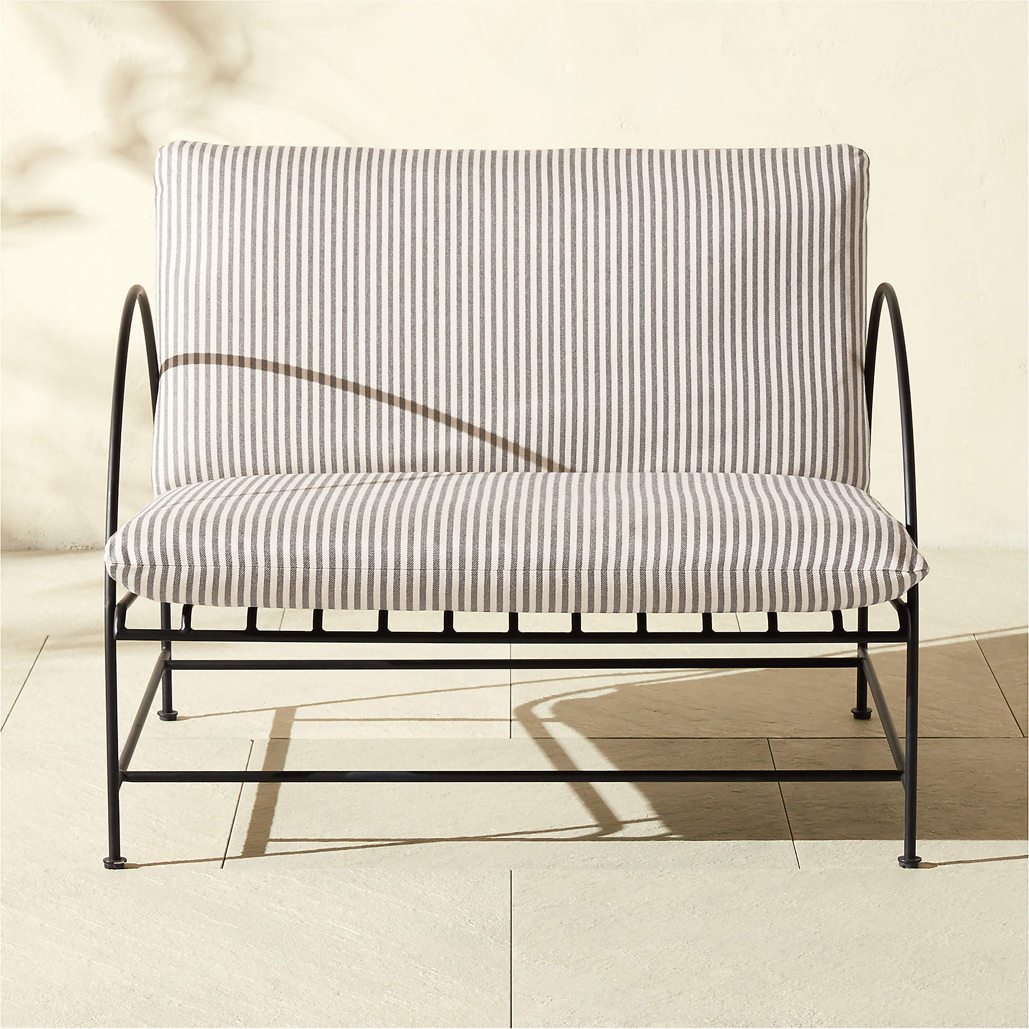 Costa Black Metal Outdoor Lounge Chair with Black And White Striped Sunbrella Cushions Set of 2 +... | CB2