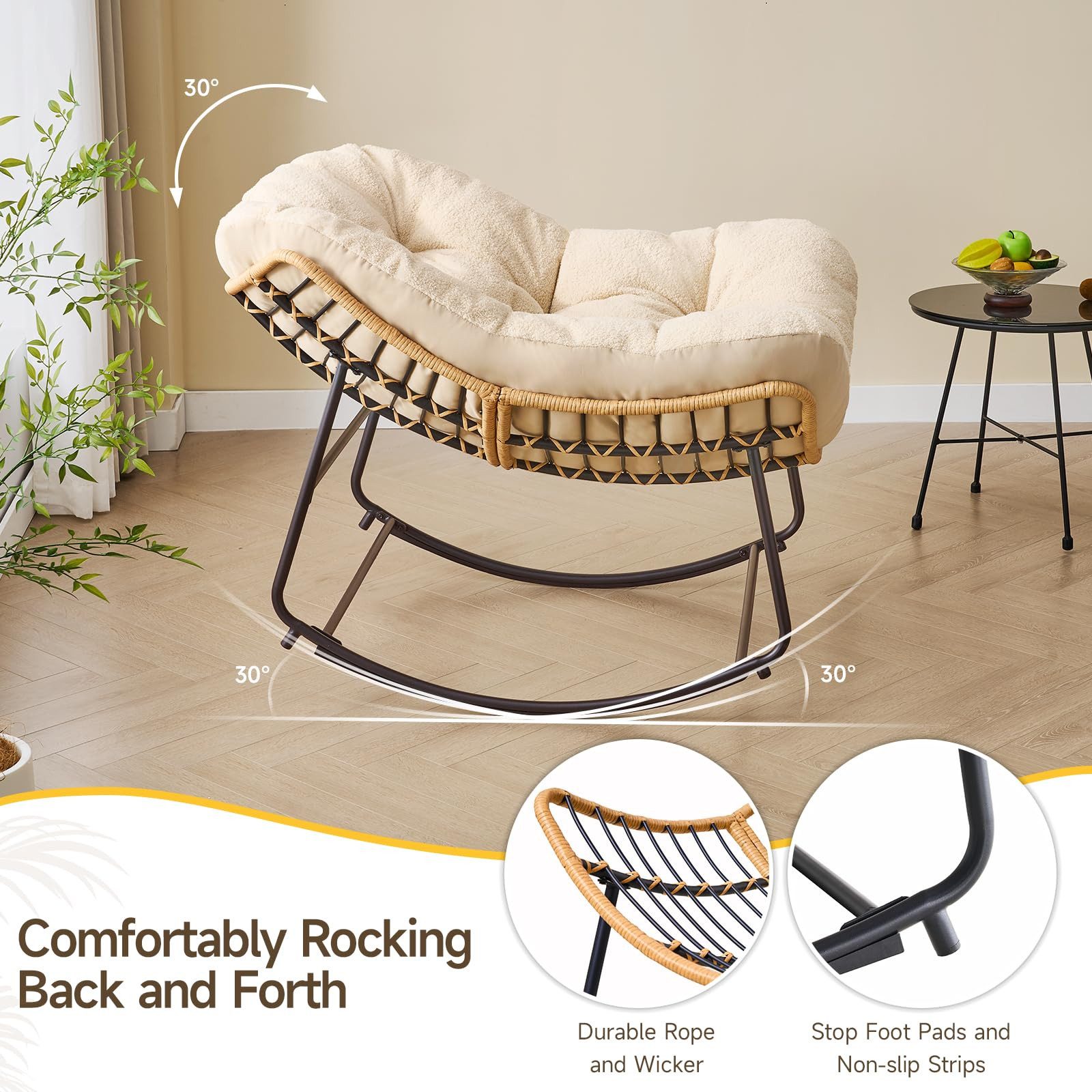 ONBRILL Outdoor Rocking Chairs, Oversized Papasan Rocking Chair Indoors with Padded Cushions, Rat... | Amazon (US)