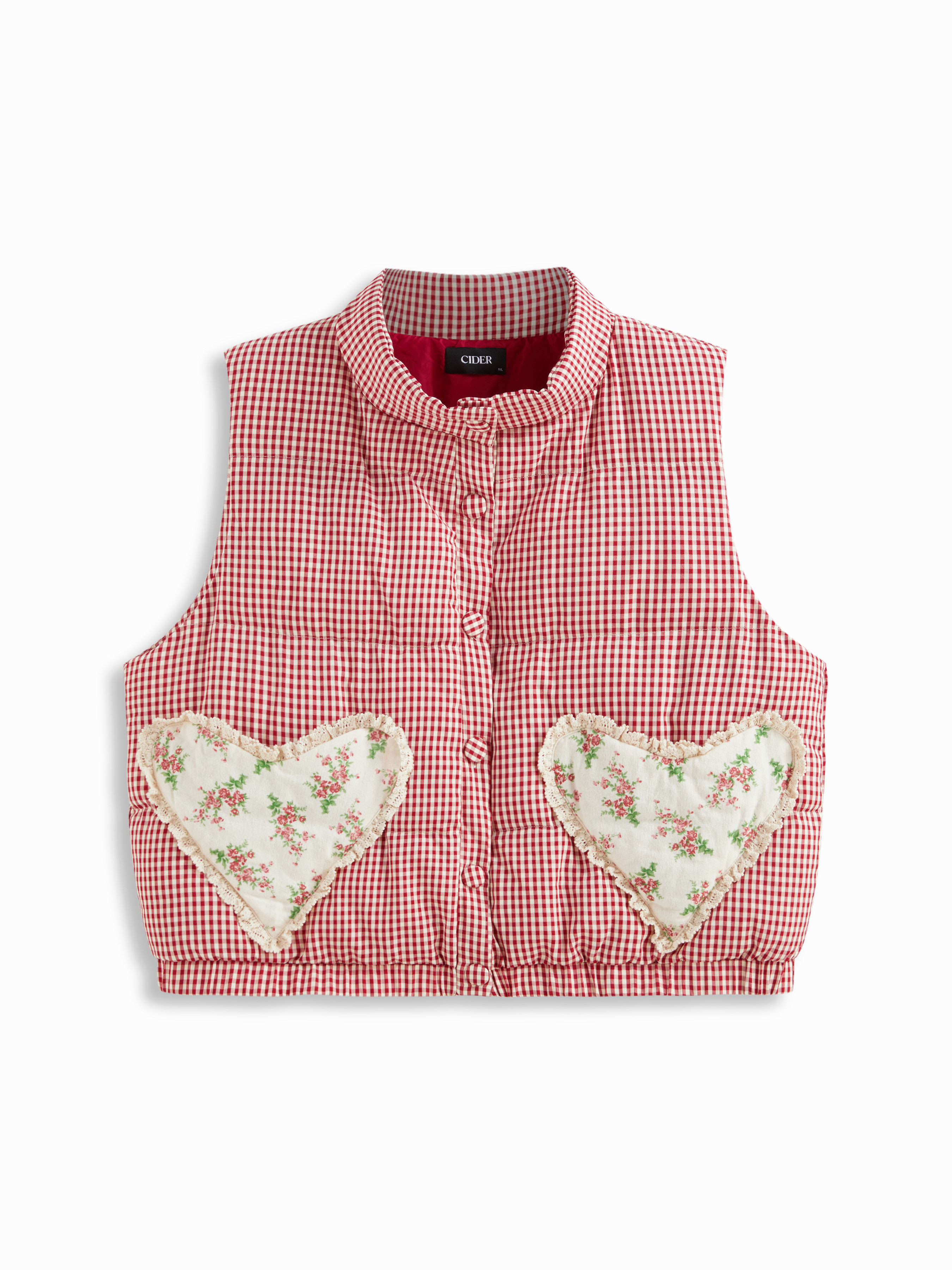 Woven Stand Collar Gingham Floral Heart Oversized Puffer Vest For Daily Casual | Cider