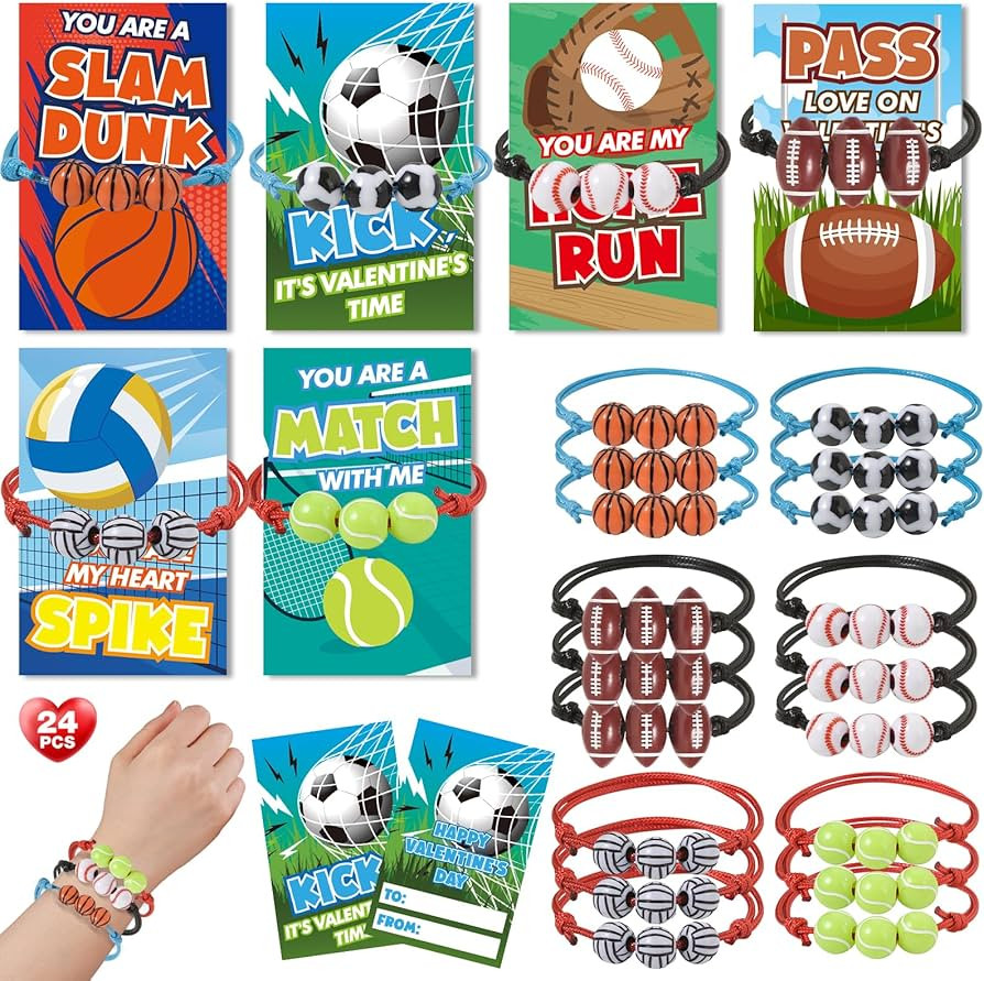 Valentines Day Cards for Kids, 24 Pack Adjustable Sports Charm Bracelets with Valentines Day Card... | Amazon (US)