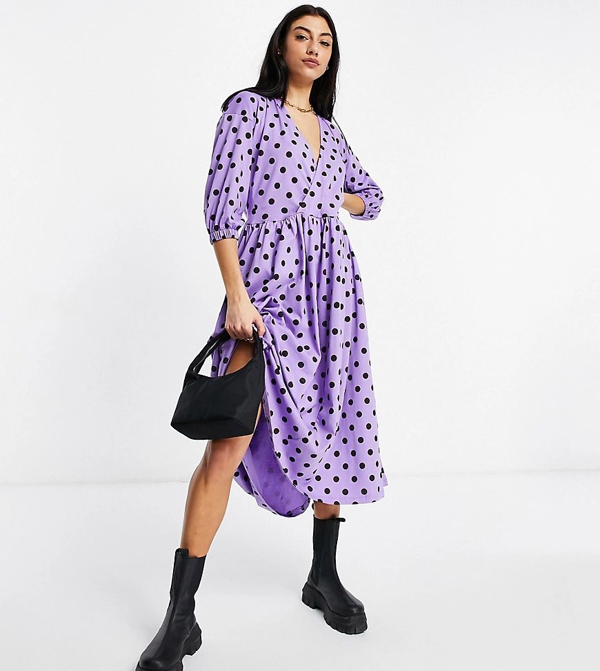 ASOS DESIGN Tall midi smock dress with wrap top in purple and black spot | ASOS (Global)