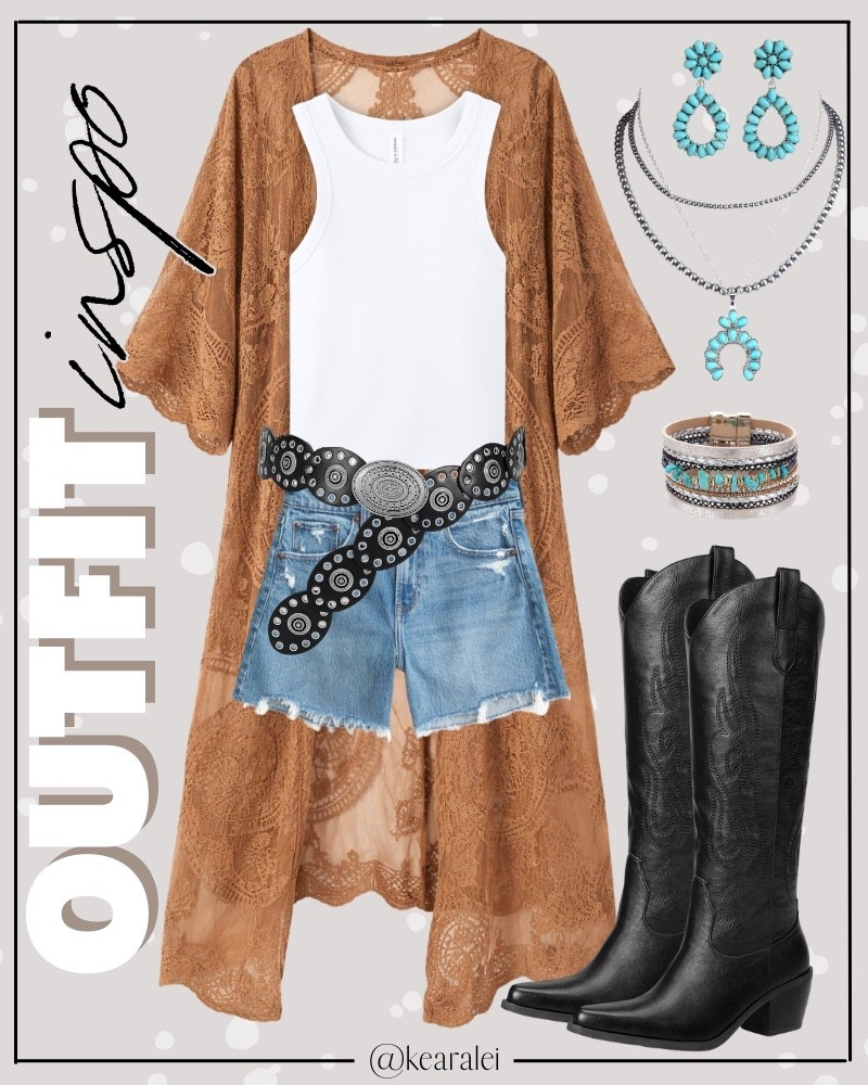 Country concert outfits summer outfits 2026 festival outfits Nashville outfit brown lace kimono duster with white ribbed tank top distressed medium wash denim shorts mom shorts dad shorts Abercrombie & fitch jeans black and silver western belt and black leather cowboy boots tall cowgirl boots tall boots straw cowgirl hat cowboy hats turquoise earrings turquoise bracelets  aviator sunglasses summer outfit fair outfits rodeo outfits carnival outfit 
.
Work dress outfits wedding guest dresses teacheroutfit workwear red maroon floral dress with beige ivory leather jacket and tall knee high beige boots taupe quilted purse || #Abercrombie #amazon #nordstrom
.
.
teacher outfits, business casual, casual outfits, neutrals, street style, Midi skirt, Maxi Dress, Swimsuit, Bikini, Travel, skinny Jeans, Puffer Jackets, Concert Outfits, Cocktail Dresses, Sweater dress, Sweaters, cardigans Fleece Pullovers, hoodies, button-downs, Oversized Sweatshirts, Jeans, High Waisted Leggings, dresses, joggers, fall Fashion, winter fashion, leather jacket, Sherpa jackets, Deals, shacket, Plaid Shirt Jackets, apple watch bands, lounge set, Date Night Outfits, Vacation outfits, Mom jeans, shorts, sunglasses, Disney outfits, Romper, jumpsuit, Airport outfits, biker shorts, Weekender bag, plus size fashion, Stanley cup tumbler, Work blazers, Work Wear, workwear

boots booties take over the knee, ankle boots, Chelsea boots, combat boots, pointed toe, chunky sole, heel, sneakers, slip on shoes, Nike, adidas, vans, dr. marten’s, ugg slippers, golden goose, sandals, high heels, loafers, Birkenstock Birkenstocks, 

Wedding Guest Dresses, Bachelorette Party, White Dresses, bridesmaid dresses, cocktail dress, Bridal shower dress, bride, wedding guest outfit

Target, Abercrombie and fitch, Amazon, Shein, Nordstrom, H&M, forever 21, forever21, Walmart, asos, Nordstrom rack, Nike, adidas, Vans, Quay, Tarte, Sephora 


#LTKFestival #LTKSeasonal #LTKootd