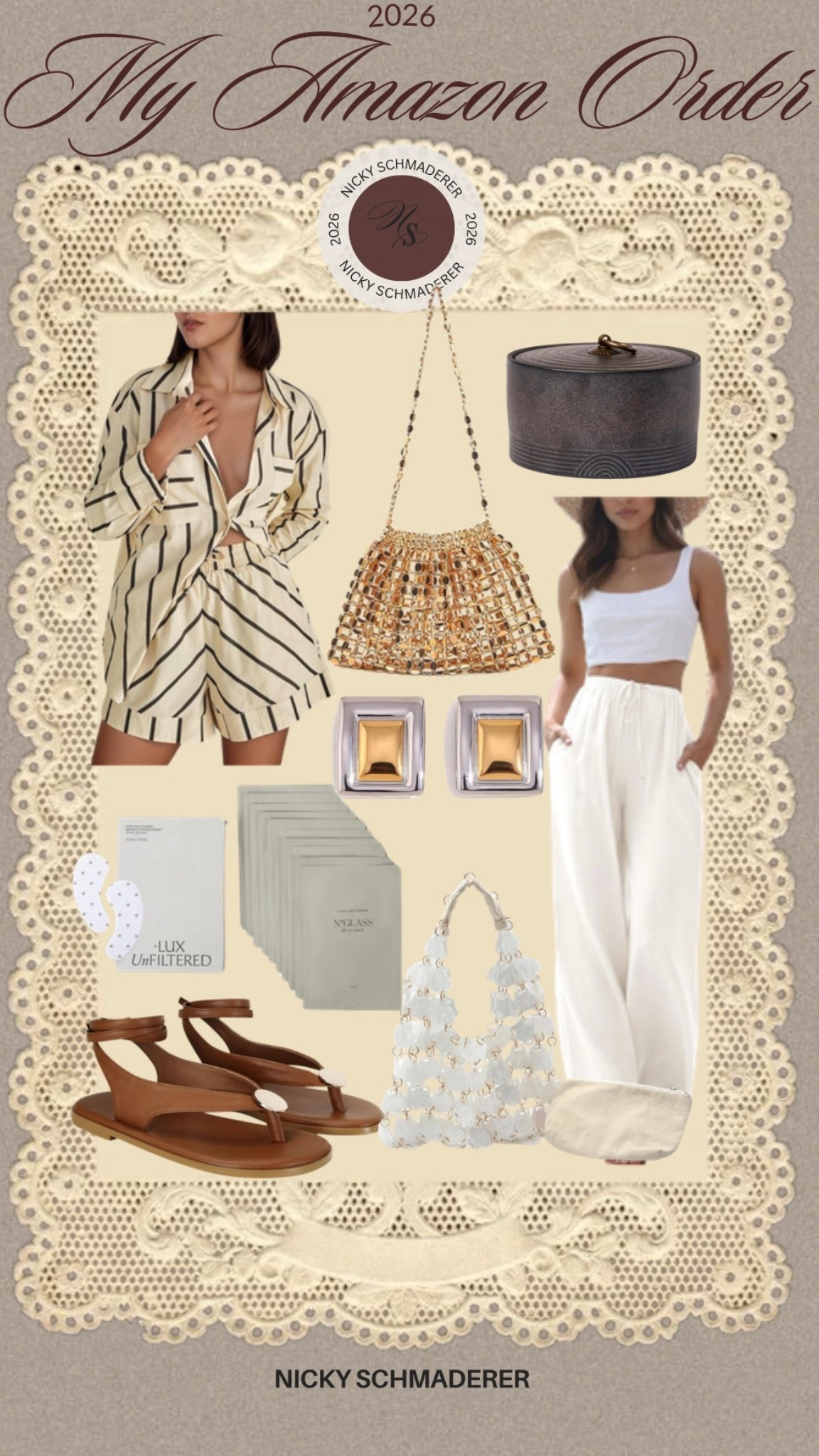 My Amazon order 
Silk short set 
Beaded bag 
Coffee station container 
Beach pants 
Sandals 


#LTKTravel #LTKootd #LTKSeasonal