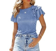 SHEWIN Womens Summer Tops Crewneck Ruffle Short Sleeve T Shirts Casual Slim Fit | Amazon (US)