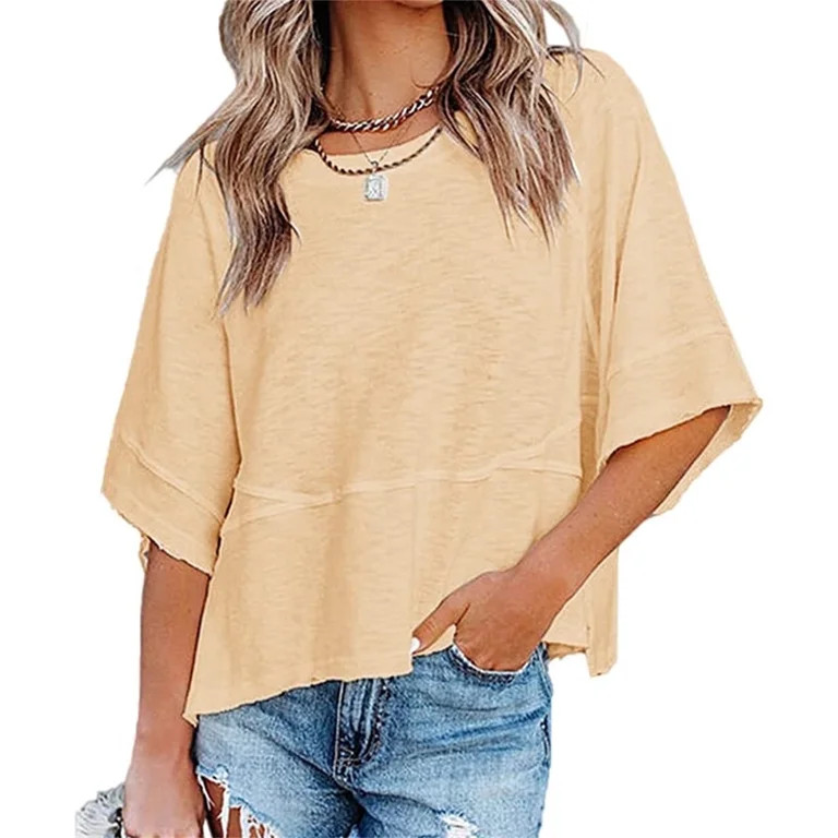 Summer Oversize Women Solid Color Half Sleeve Loose Shirt Tee Casual Tops | Walmart (US)