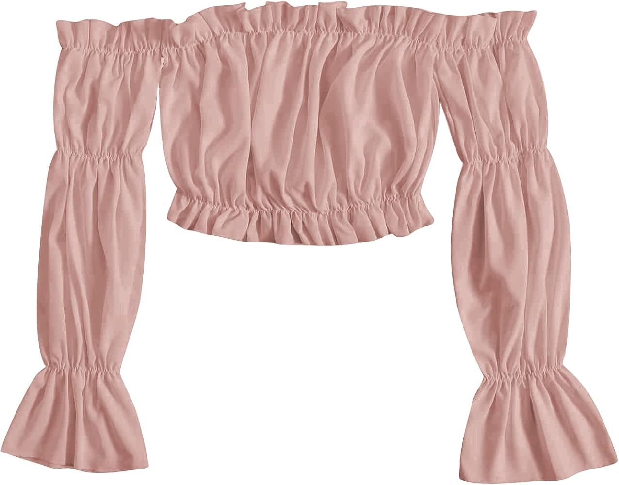Verdusa Women's Off Shoulder Crop Top Ruffle Flounce Long Sleeve Shirt Casual Ruched Blouse | Amazon (CA)
