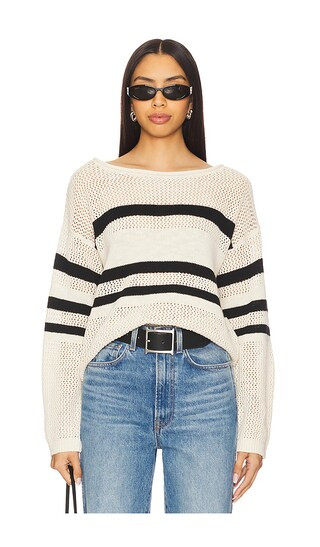 Sporty Stripe Open Knit Sweater in Eco Natural & Black Stripe | Revolve Clothing (Global)
