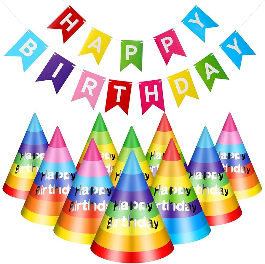 Boao 20 Pcs Rainbow Cone Hats with Happy Birthday Banner for Kids Adults Party Decorations | Amazon (US)