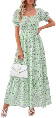 PRETTYGARDEN Women's Floral Boho Maxi Dresses Flowy Short Sleeve A Line Smocked Eyelet 2026 Summe... | Amazon (US)