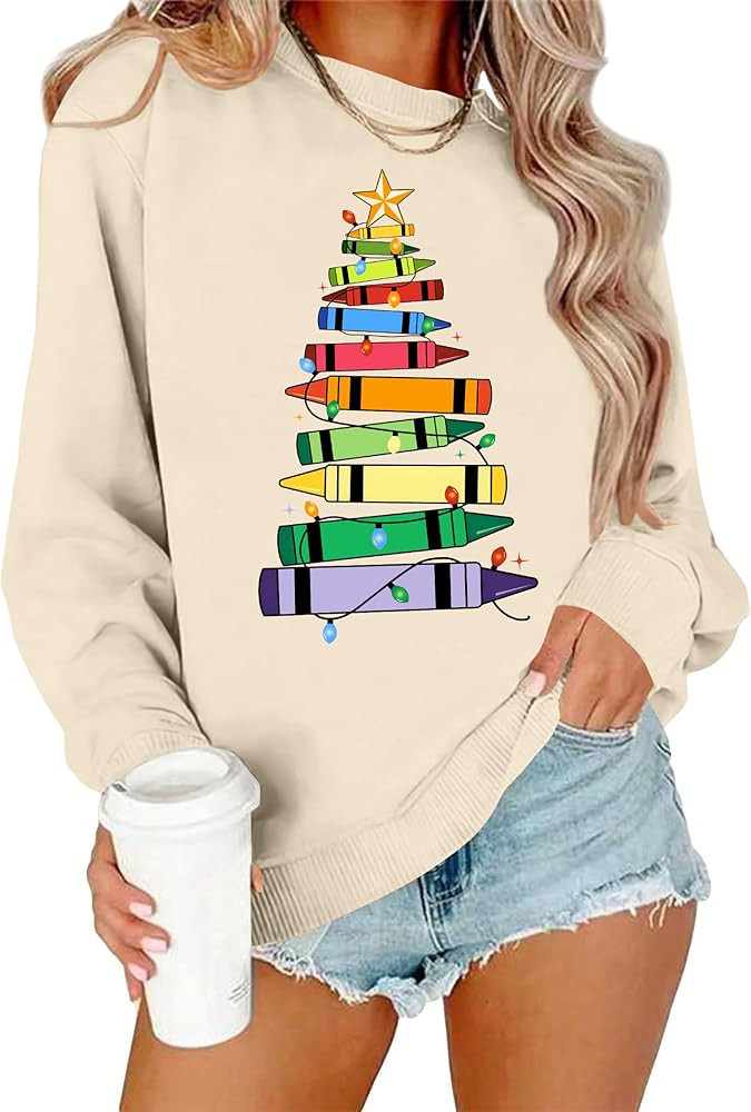 Christmas Teacher Sweatshirt: Women's Merry Christmas Book Tree Sweater Xmas Pullover Tops | Amazon (US)