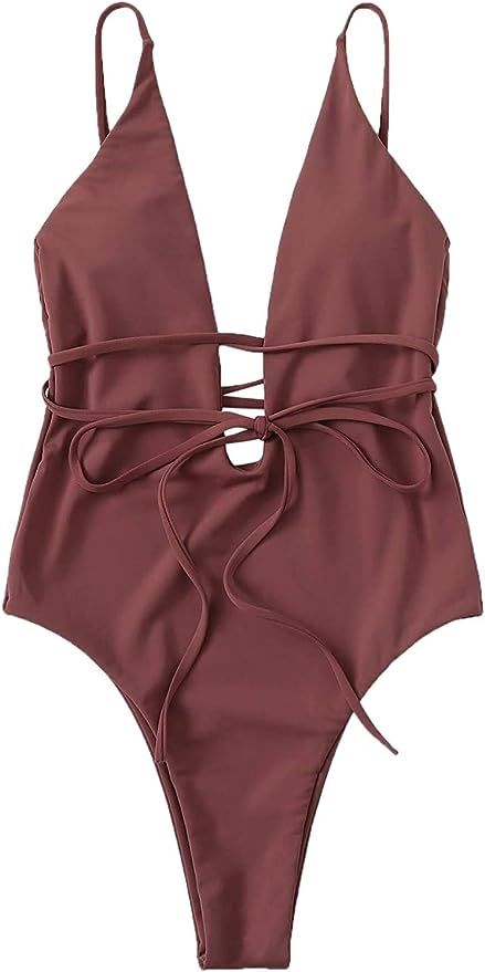 SOLY HUX Women Sexy Criss Cross One Piece Swimsuit Front Deep V Open Plunge Belted Low Back Padde... | Amazon (US)