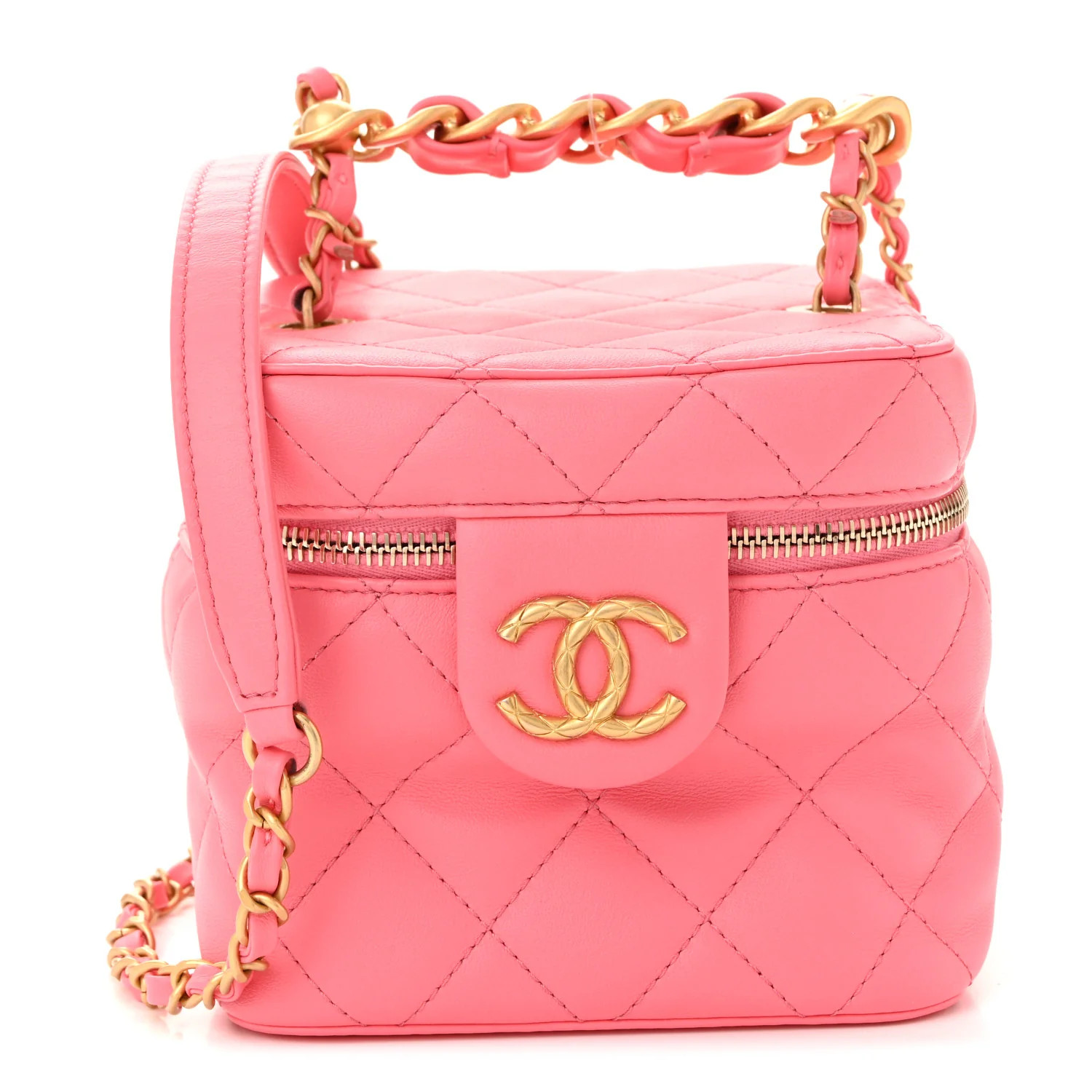 Calfskin Quilted Small Vanity Case With Chain Coral Pink | FASHIONPHILE (US)