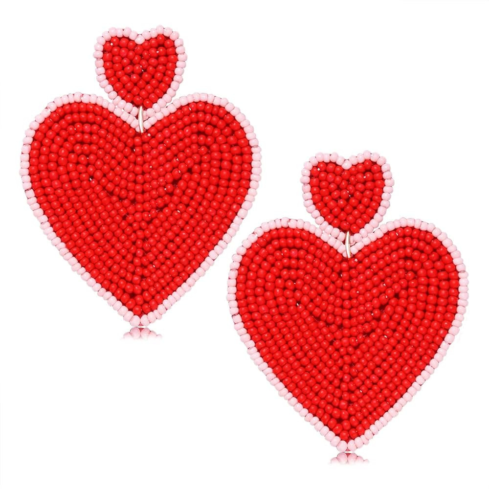 Heart Earrings for Women Hypoallergenic Beaded Statement Dangle Earrings Boho Handmade Red Love H... | Amazon (US)