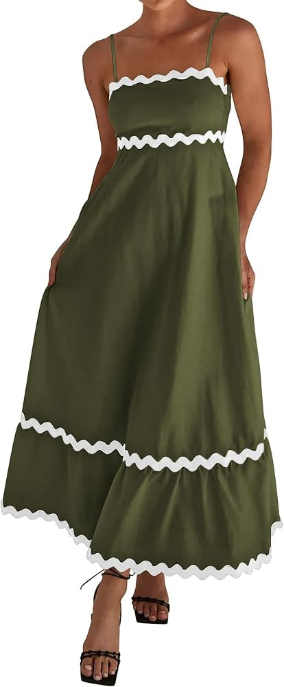 dowerme Women Summer Dresses 2024 Spaghetti Straps Sleeveless Smocked Rickrack Trim Boho Flowy Lo... | Amazon (US)