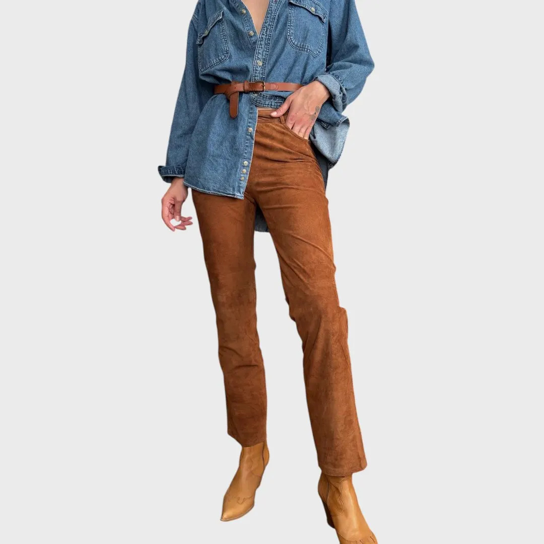 Vintage Brown Suede Leather Trousers: Y2K Mid Rise Straight Leg | Etsy (US)