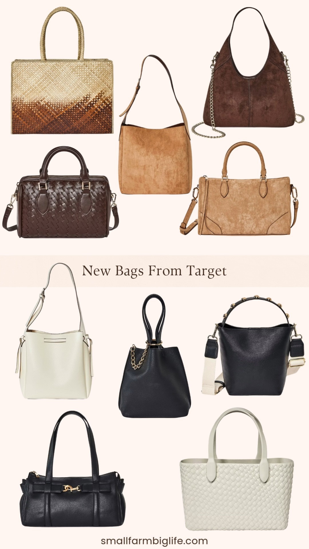 These new bags from Target are such good everyday finds. I’m loving the mix of structured satchels, slouchy shoulder bags, mini crossbody styles, and the woven straw tote that’s perfect for summer. From the cream bucket bag and brown woven bowler bag to the black pochette and splash tote, these are stylish, affordable bags you can use for everyday outfits or travel. 

 #LTKootd #LTKOver40 #LTKTravel