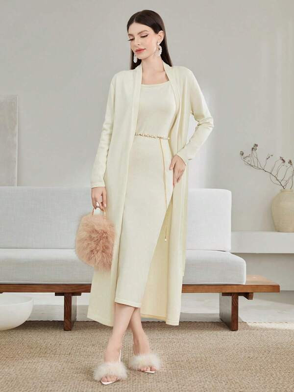 SHEIN Modely Solid Cami Sweater Dress & Open Front Cardigan Without Belt | SHEIN