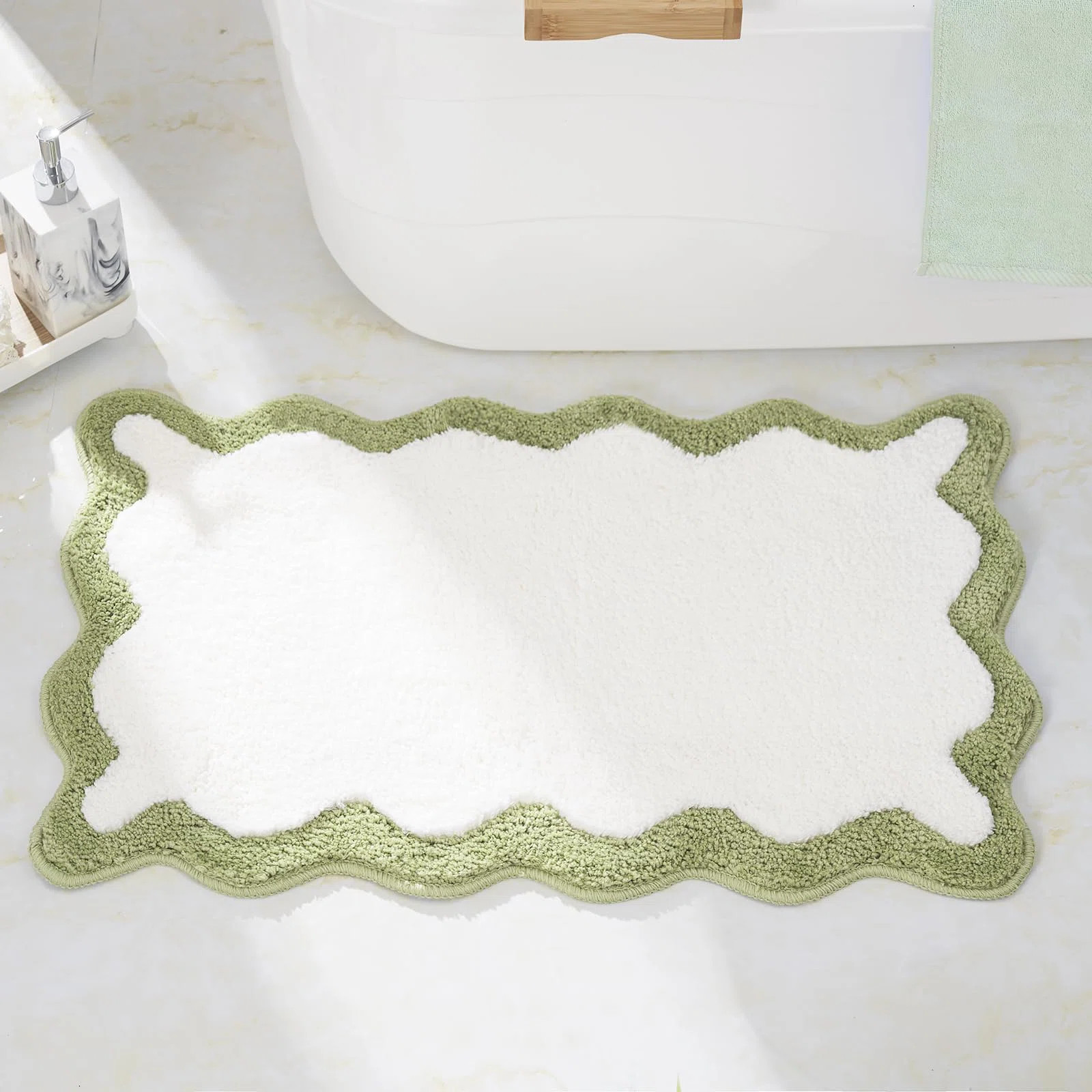 Luxury Cute Bathroom Rugs, White Bath Mat W/Green Scalloped Edge, Microfiber Aesthetic Trendy Fun... | Wayfair North America