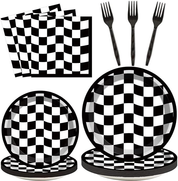 96 Pieces Black and White Checkered Tableware Set for Race Sports Themed Table Supplies Decoratio... | Amazon (US)