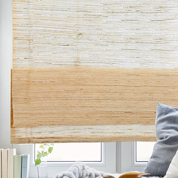 Blackout Cordless Bamboo Roman Blinds, Roll-Up Natural Woven Shades with 6" H Valance, Custom Lig... | Amazon (US)