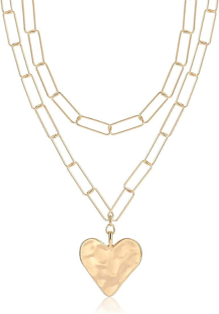 YAHPERN Layered Rectangle Paper Clip Chain Link Choker Statement Hammered Heart Pendant Necklace ... | Amazon (US)