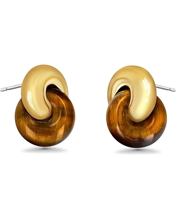 Small Twist Interlock Chunky 18K gold plated Gemstone Natural Stone (Brown, Green, Pink, White) S... | Amazon (US)