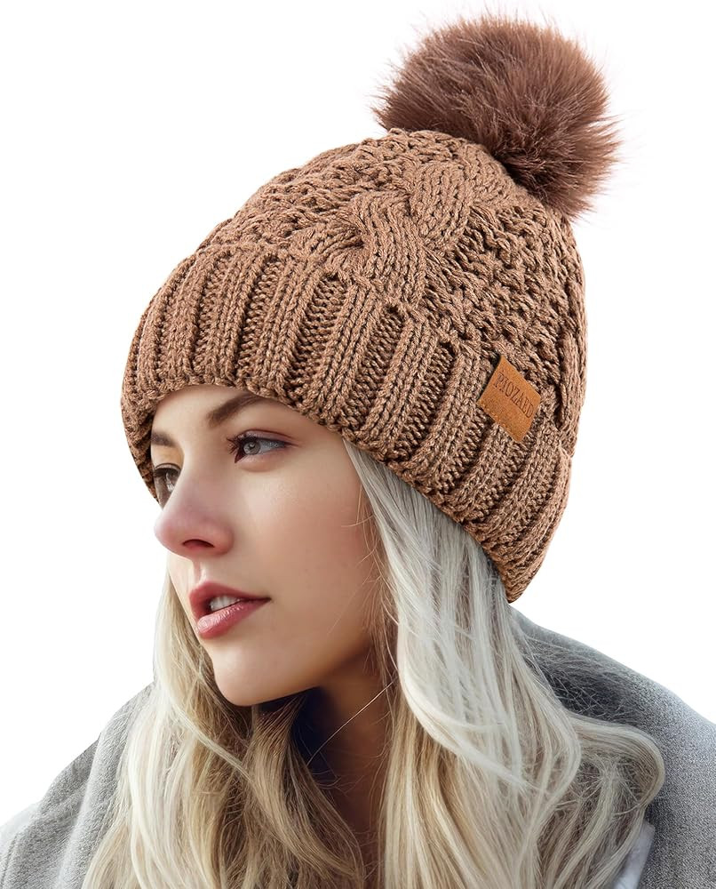 Women's Winter Pompom Beanie Warm and Cozy Knit Hat Fleece Lining Skull Cap for Women | Amazon (US)