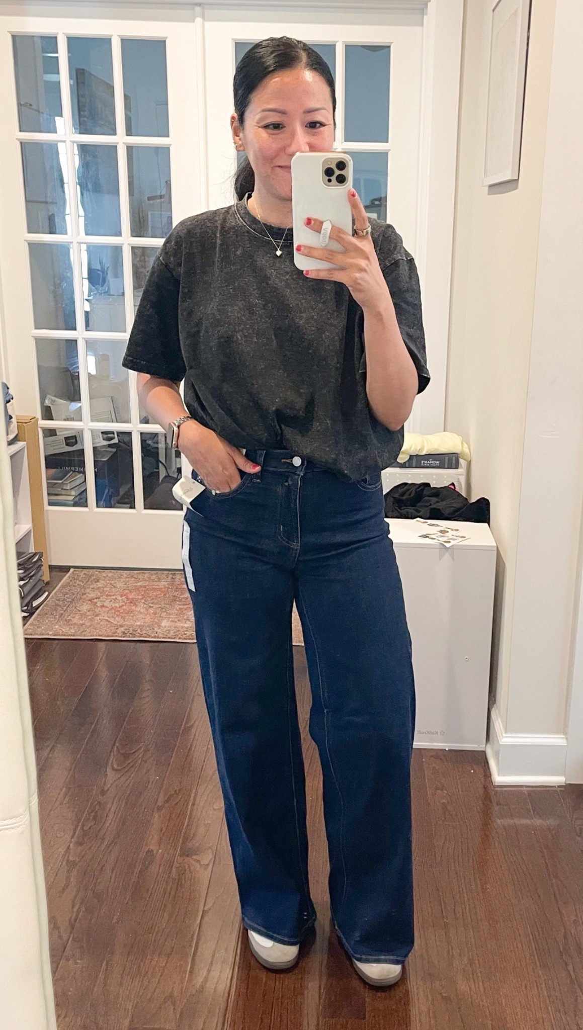Size medium tee
Sized up to 6 in jeans 
Sized down 1/2 in Sambas

Universal Thread high rise every day wide leg jeans

#LTKOver40 #LTKSeasonal #LTKSaleAlert