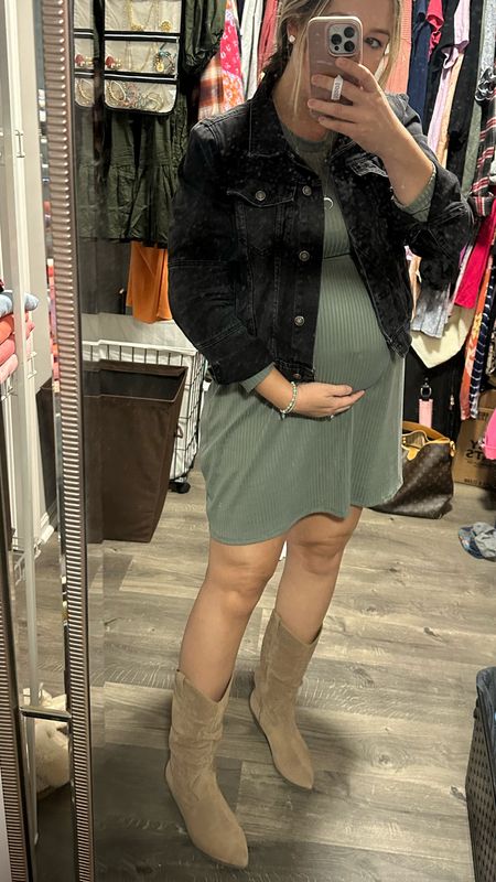 My favorite maternity outfit! Casual dress that can look business professional, black denim jacket and boots. Dress the bump!

#LTKstyletip #LTKbump #LTKworkwear