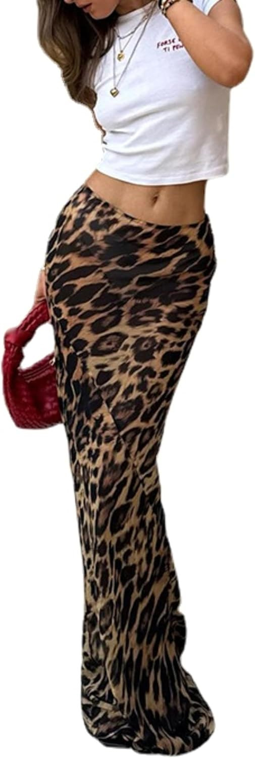 Leopard Print Maxi Skirt Floor Length Skirt Cute Satin Y2k Maxi Summer Skirts Long Skirts for Women Trendy | Amazon (US)