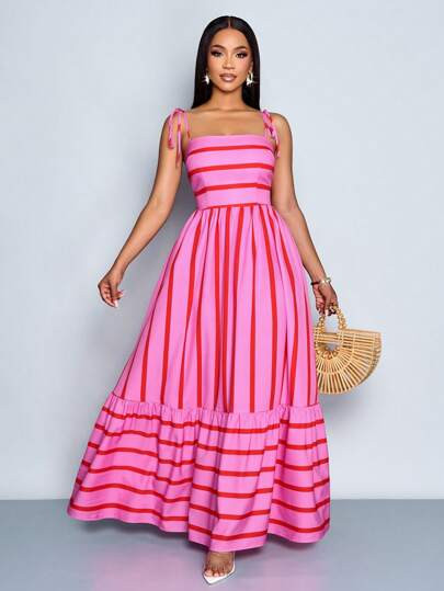 SOLERSUN Women's Flowing Style Striped Maxi Dress With Shoulder Straps And Chest Gathered Det... | SHEIN
