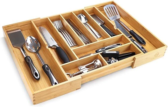Pristine Bamboo Adjustable Kitchen Utility Drawer Organizer - 17” x 14.6” (expands up to 25 i... | Amazon (US)
