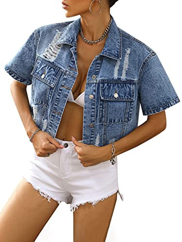 Ladyful Womens Cropped Denim Jacket Short Sleeve Button Down Casual Distressed Jean Jacket Outerwear | Amazon (US)