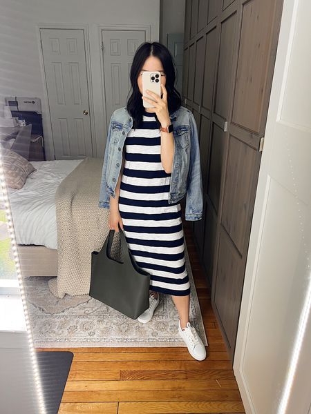 Denim jacket (SP)
Navy and white striped dress (XS)
Olive green tote bag
White sneakers (TTS)
Spring outfit
Casual outfit
Loft outfit
Weekend outfit
Mom outfit

#LTKSaleAlert #LTKStyleTip #LTKFindsUnder50