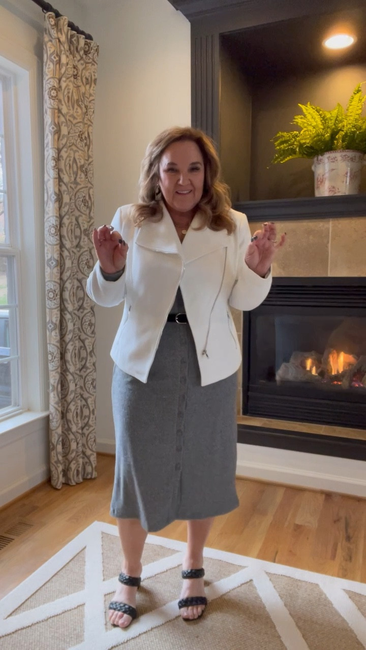 Knit moto jacket. Lined. Bright white. Code NANETTE10 for 10% off. 

Dress tts. You could size up if you are curvy. I’m in a L. 

Linking similar shoes and belt!

#LTKunder100 #LTKunder50 #LTKworkwear