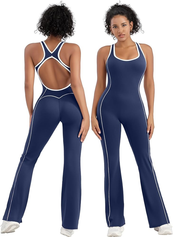 TDIFFUN Women Flare Jumpsuits Backless Workout Hollow One Piece Sleeveless Padded Unitard Sexy Gy... | Amazon (US)