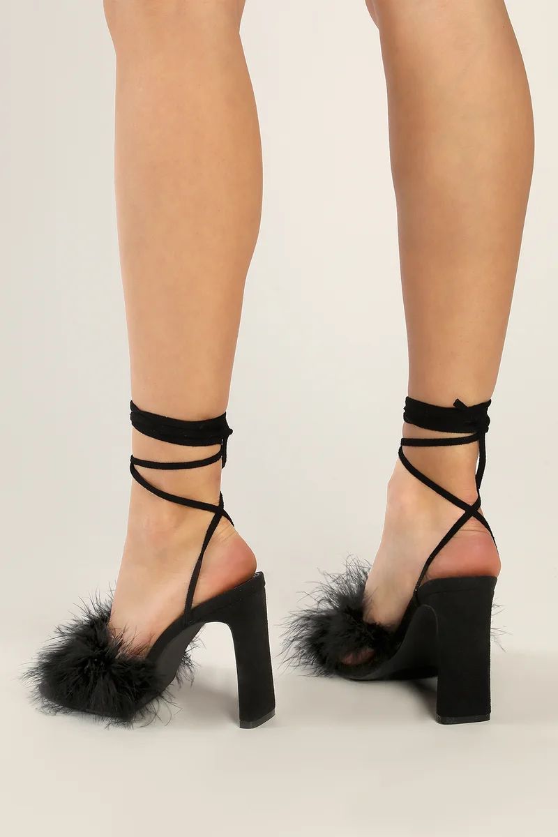 Rebeccaa Black Suede Feather Lace-Up High Heel Sandals | Lulus (US)