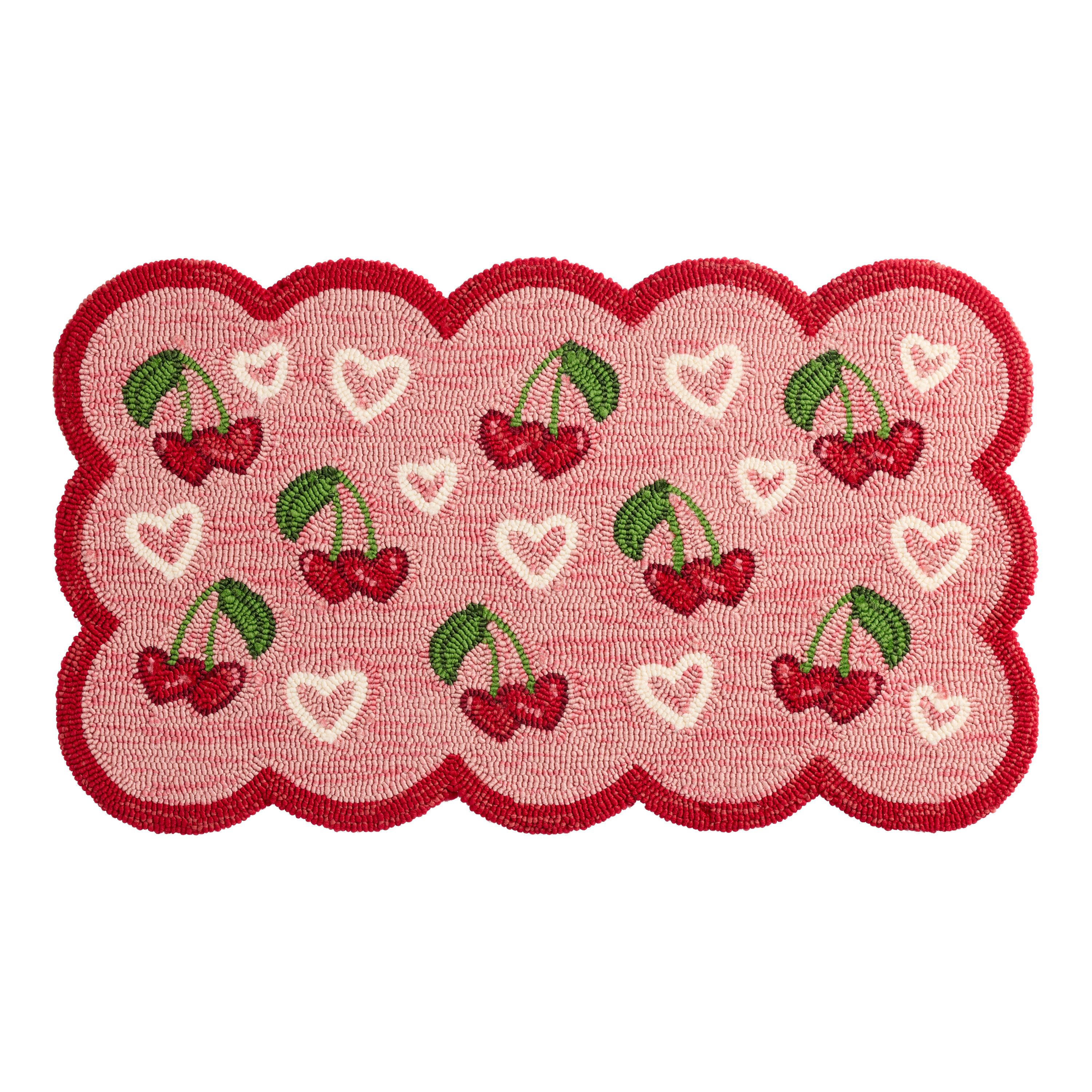 Cherry Hearts Scalloped Hooked Indoor Outdoor Rug | World Market