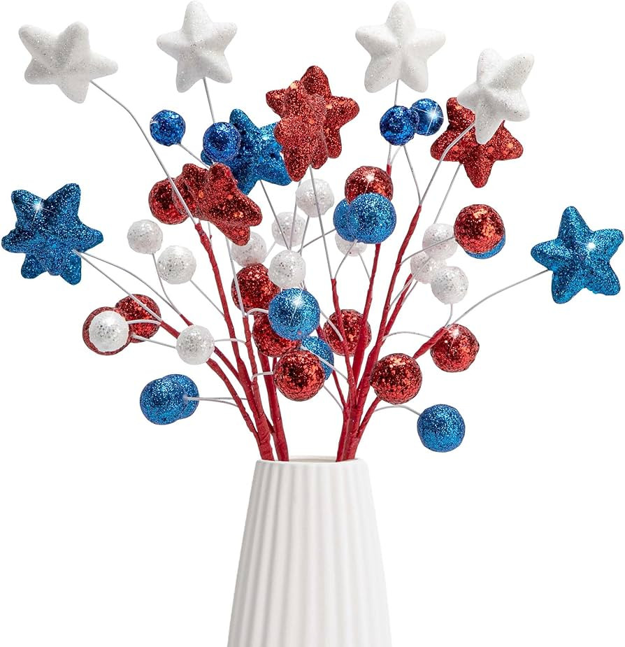 4 Pack 15" Large Patriotic Glitter Ball Centerpiece Stems, Independence Day Artificial Berry Stem... | Amazon (US)