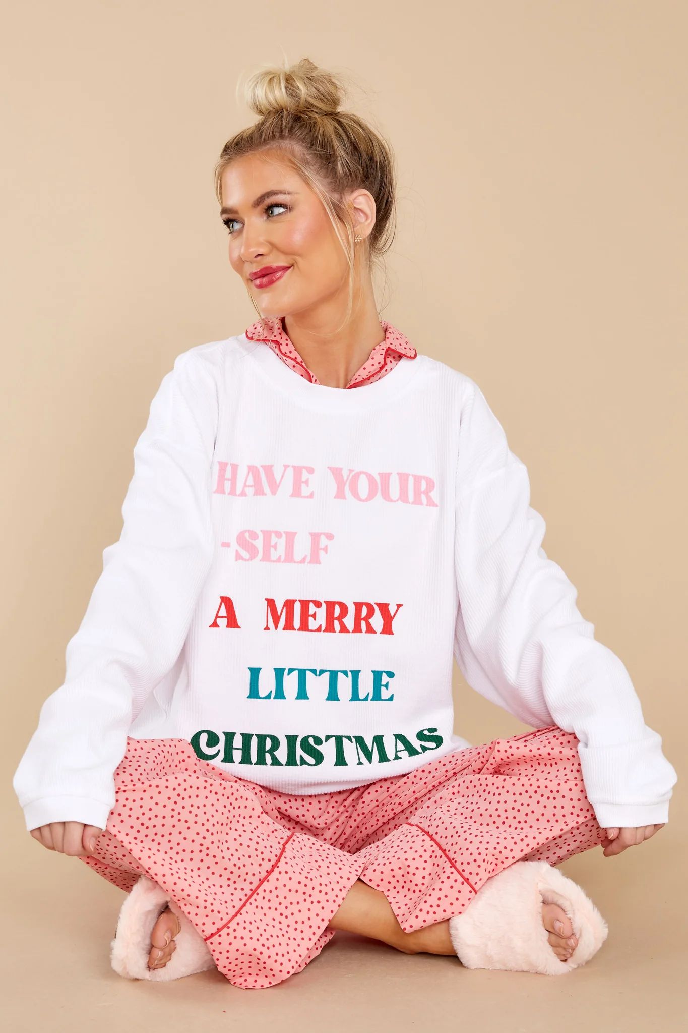 Have Yourself A Merry Christmas White Corded Sweatshirt | Red Dress 