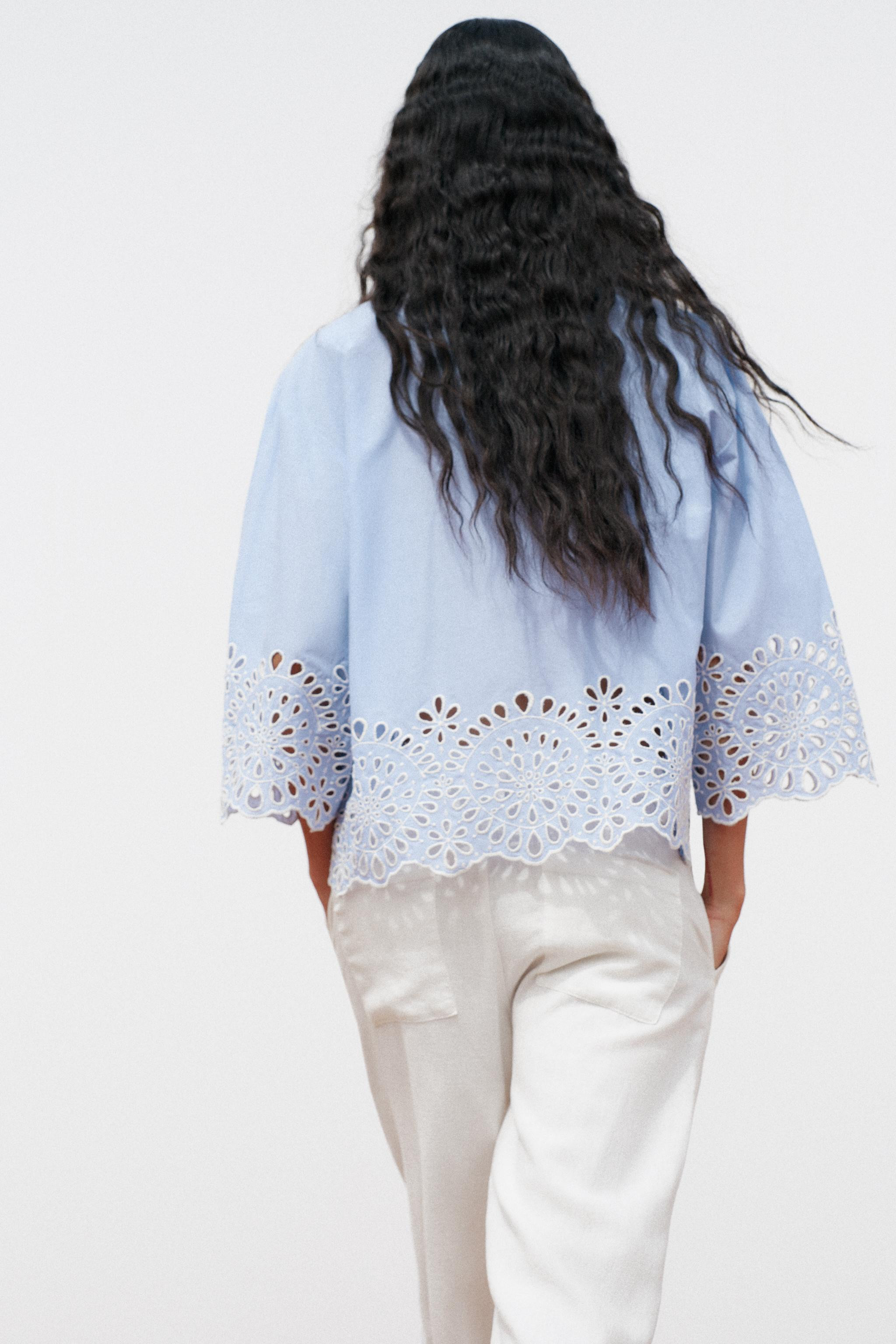 Shirt with lapel collar and wide sleeves below the elbow. Hem finished with embroidered eyelets. ... | Zara US