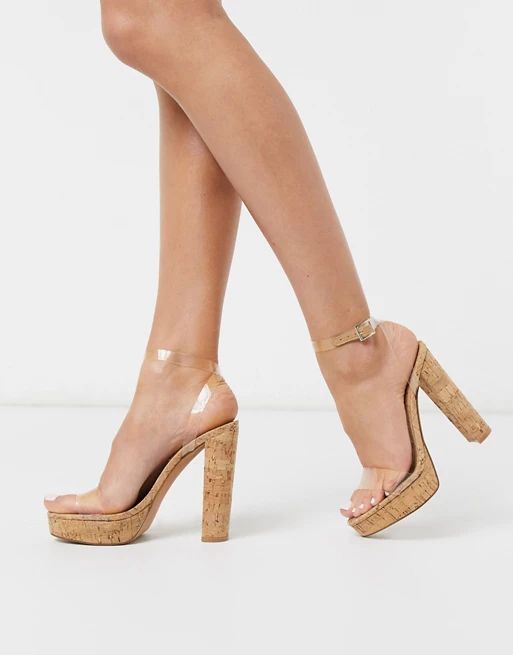 ASOS DESIGN Nutshell clear platform barely there heeled sandals in cork | ASOS (Global)