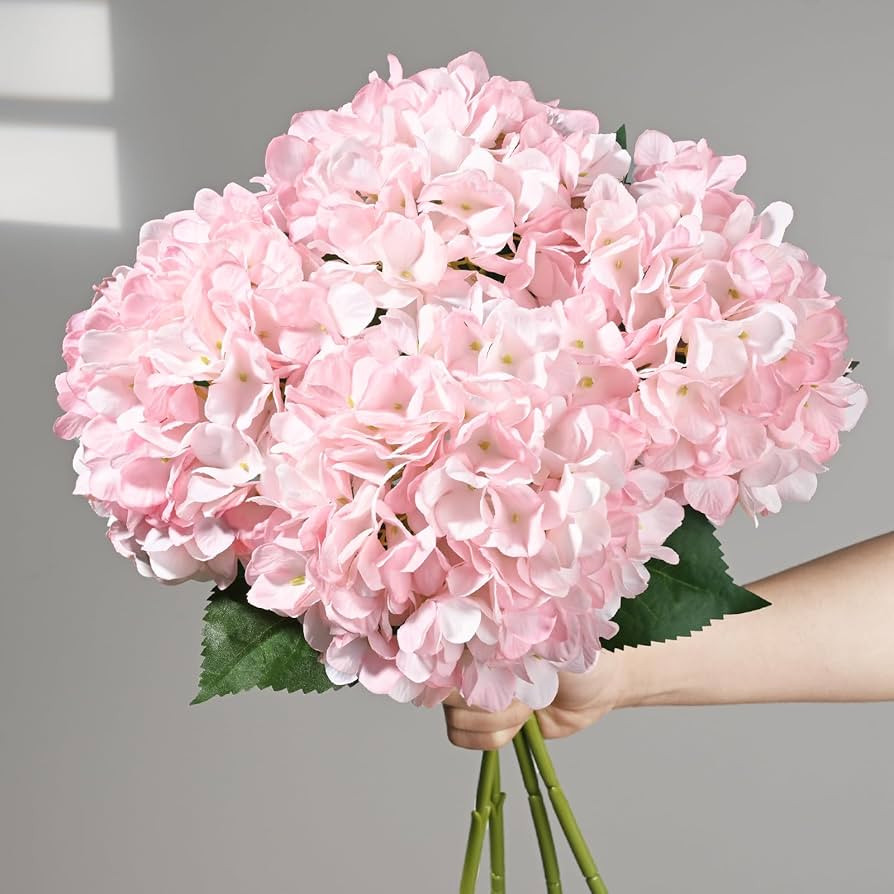 BLEUM CADE 4 Pcs Pink Hydrangea Artificial Flowers with Realistic Stems, 18In Large Fake Pink Flo... | Amazon (US)