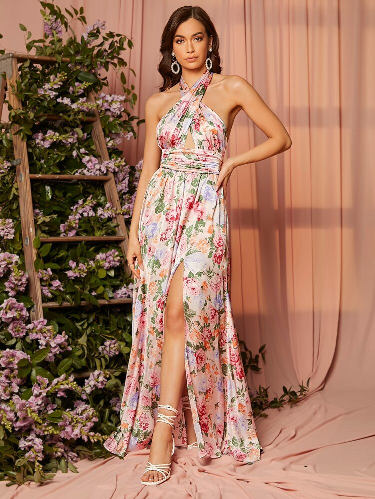 SHEIN Floral Print Split Thigh Criss Cross Backless Dress | SHEIN