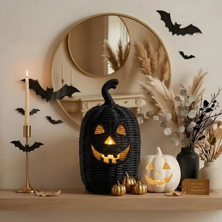 QLUEWX Black Seagrass Pumpkin Halloween Decoration, 11.8" Handcrafted Woven Pumpkin Jack-o'-lantern, Halloween Decorative Lantern for Indoor Home Party | Walmart (US)
