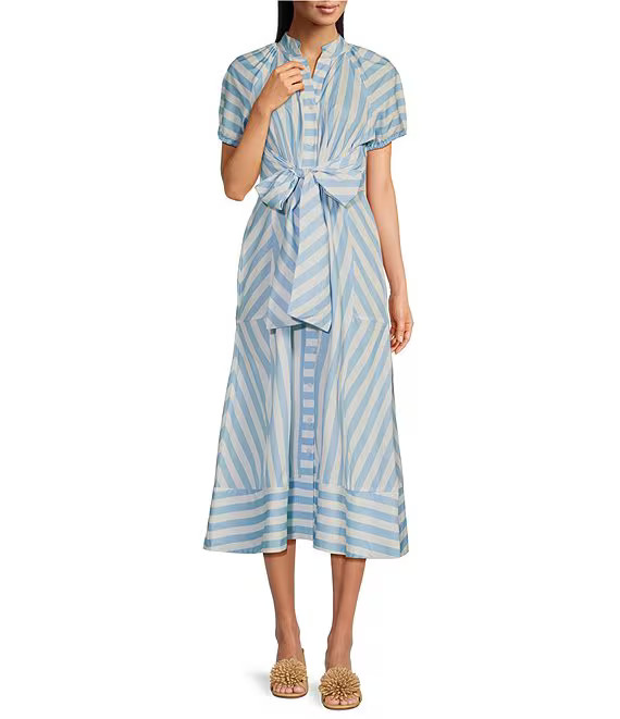 x Style Charade Stripe Button Down Collar Short Sleeve Tie Front Midi Dress | Dillard's
