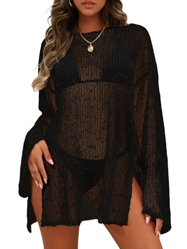 CHICGAL Women's Swimsuit Coverup Crochet Sheer Caftan Beach Dress Slit Long Sleeve Bathing Suit C... | Amazon (US)
