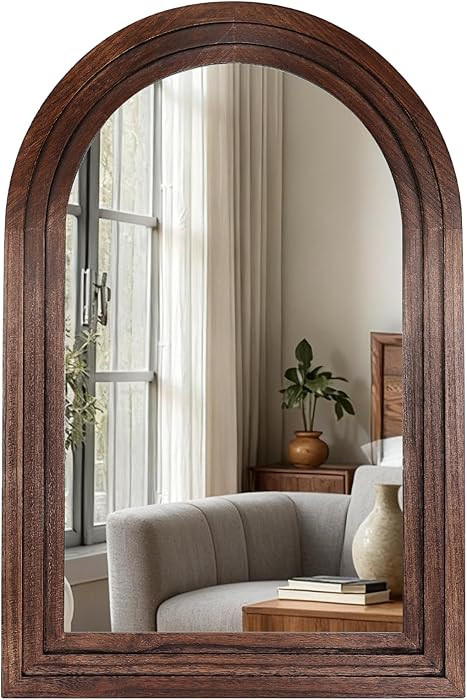 36"x24" Arched Wooden Frame Wall Mirror, Rustic Vanity Wall Mirror for Bathroom, Bedroom, Brown | Amazon (US)