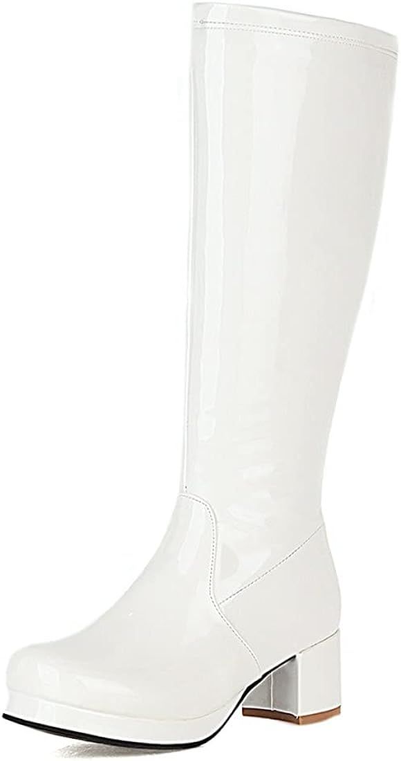 Women's Fashion Knee High Boots, Round Toe Slim Chunky Mid Heel Platform Costume Mid Calf Go Go B... | Amazon (US)
